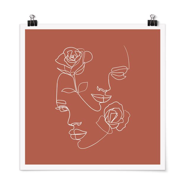 Moderne Poster Line Art Gesichter Frauen Rosen Kupfer