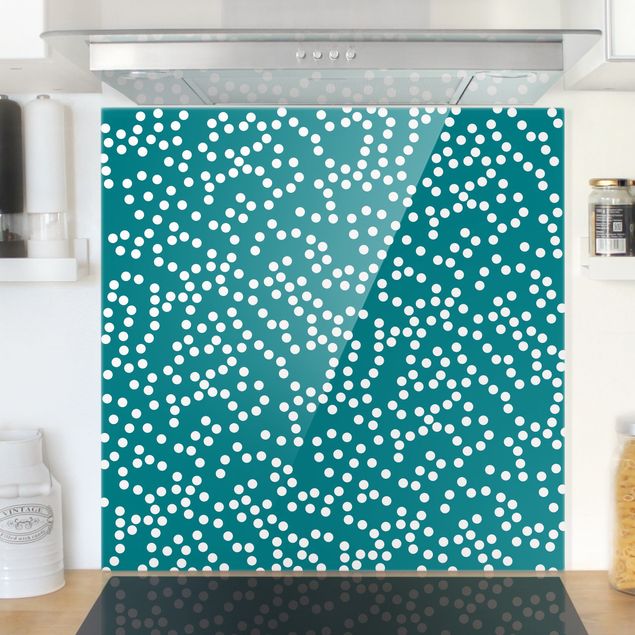 Glasrückwand Küche Muster Aborigine Punktmuster Blaugrün