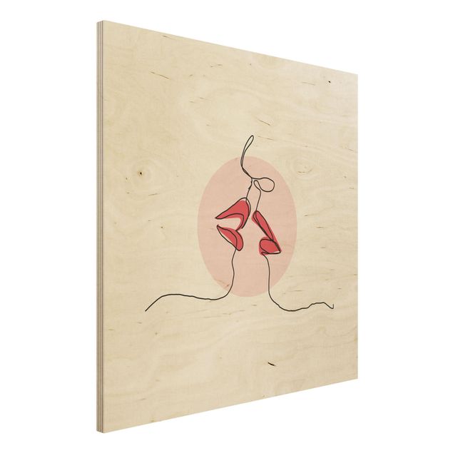 Holzbild - Lippen Kuss Line Art - Quadrat 1:1