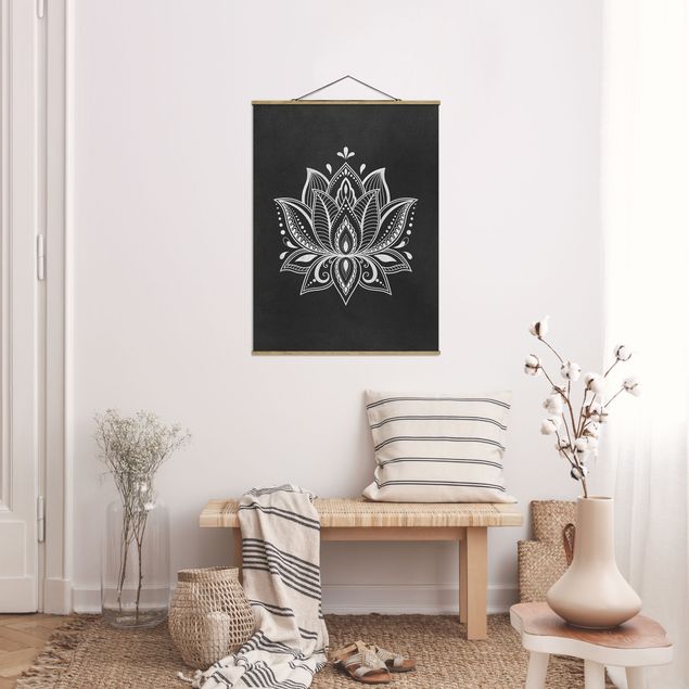 Stoffbilder mit Posterleisten Lotus Illustration weiß schwarz