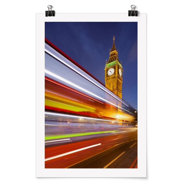 Poster - Verkehr In London am Big Ben bei Nacht - Hochformat 3:2
