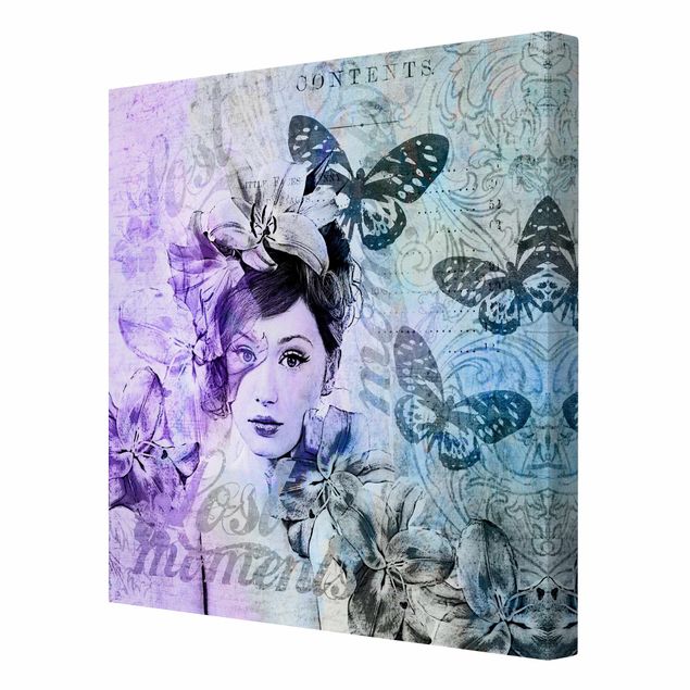 Leinwandbild - Shabby Chic Collage - Portrait mit Schmetterlingen - Quadrat 1:1
