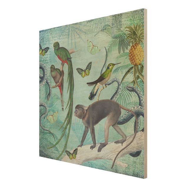 Holzbild - Colonial Style Collage - Äffchen und Paradiesvögel - Quadrat 1:1