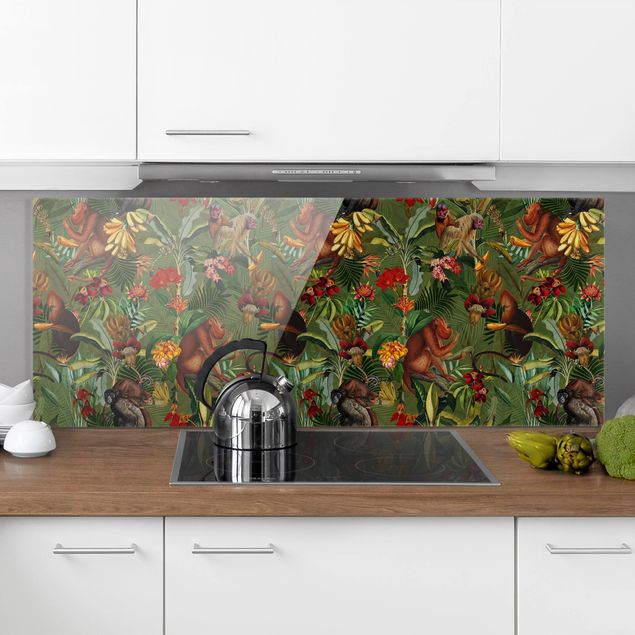 Glasrückwand Küche Blumen Tropische Blumen mit Affen