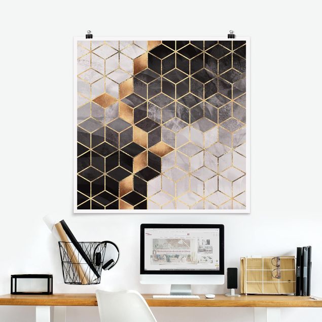 Poster - Schwarz Weiß goldene Geometrie - Quadrat 1:1