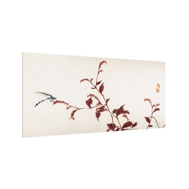 Küchenspritzschutz Asiatische Vintage Zeichnung Roter Zweig mit Libelle