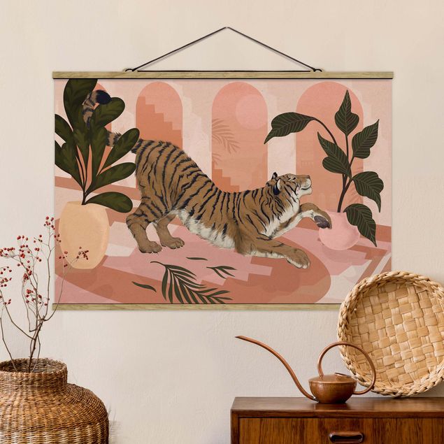 Stoffbild mit Posterleisten - Laura Graves - Illustration Tiger in Pastell Rosa Malerei - Querformat 3:2