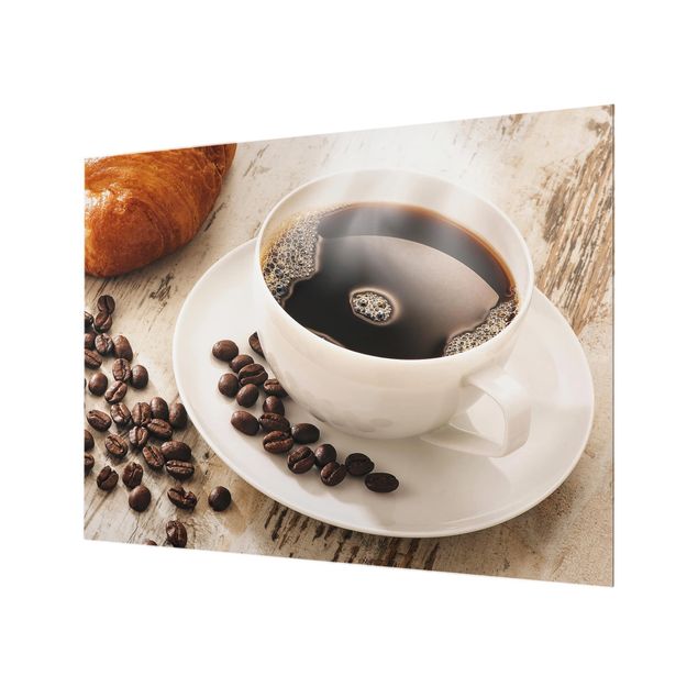 Glas Spritzschutz - Dampfende Kaffeetasse mit Kaffeebohnen - Querformat - 4:3