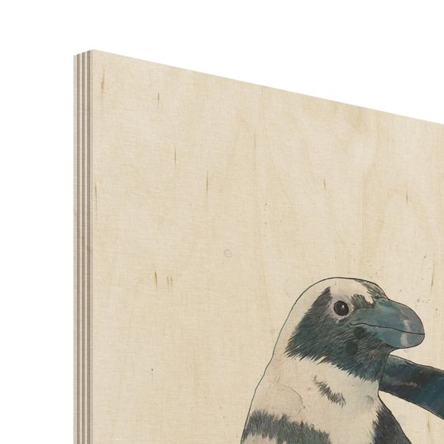 Holzbild - Illustration Pinguine Schwarz Weiß Aquarell - Querformat 2:3
