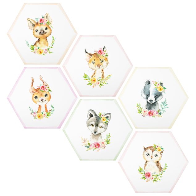 Hexagon Bild Forex 6-teilig - Aquarell Waldtiere mit Blumen Set V