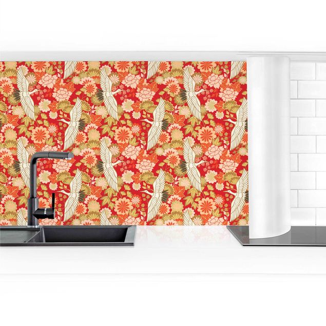 Küchenrückwand selbstklebend Kraniche und Chrysanthemen Rot