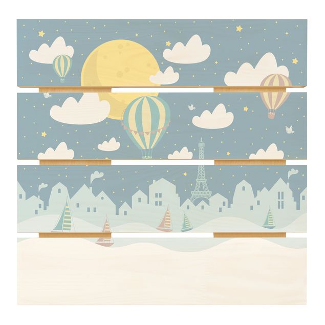 Holzbild - Paris mit Sternen und Heißluftballon - Quadrat 1:1