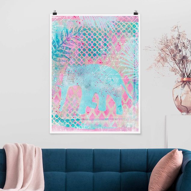 Poster - Bunte Collage - Elefant in Blau und Rosa - Hochformat 4:3