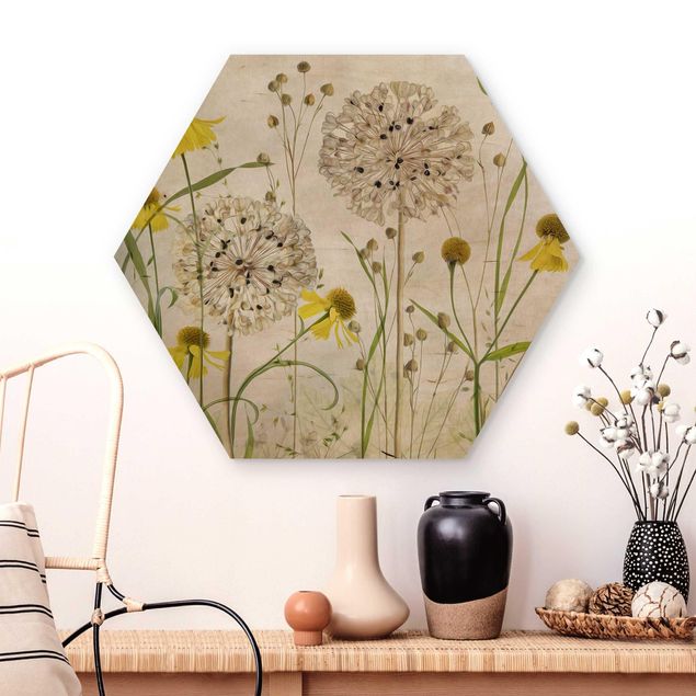 Holzbilder Blumen Allium und Helenium Illustration