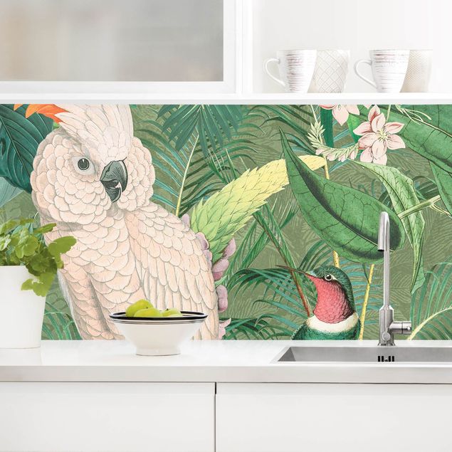 Küchenrückwand - Vintage Collage - Kakadu und Kolibri