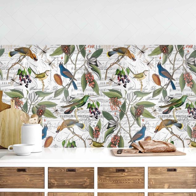 Platte Küchenrückwand Nostalgischer Beerenblues mit Paradiesvögeln