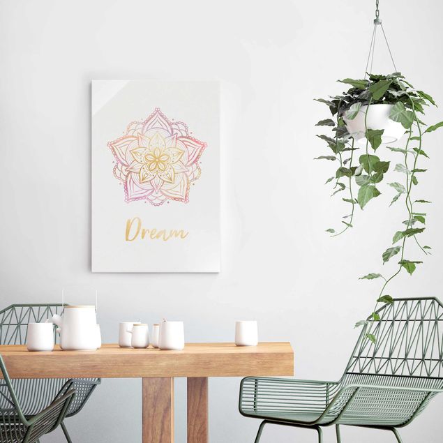 Glasbilder mit Sprüchen Mandala Illustration Dream gold rosa