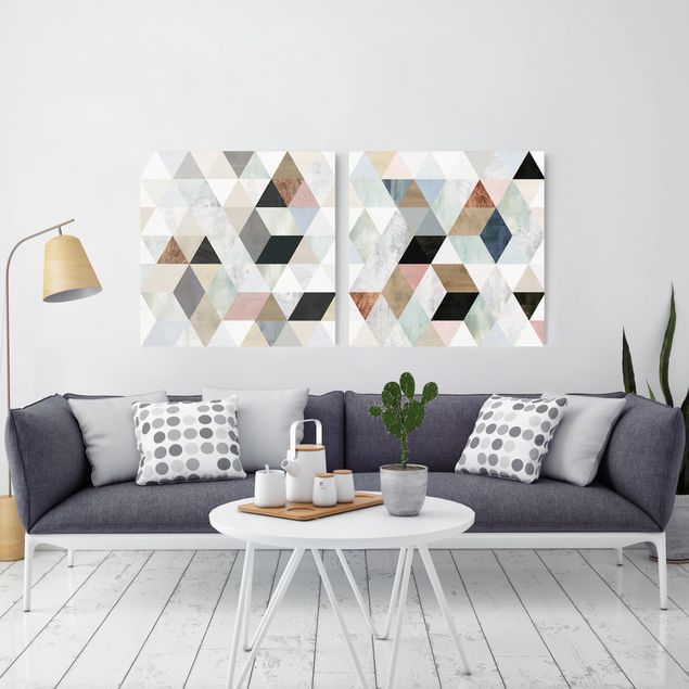 Leinwandbild 2-teilig - Aquarell-Mosaik mit Dreiecken Set I - Quadrate 1:1