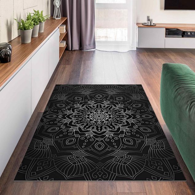 Moderner Teppich Mandala Blüte Muster silber schwarz