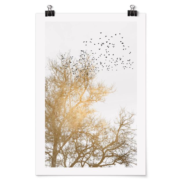 Kubistika Bilder Vogelschwarm vor goldenem Baum