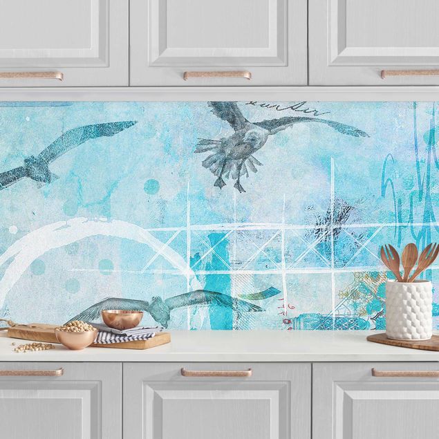 Platte Küchenrückwand Bunte Collage - Blaue Fische