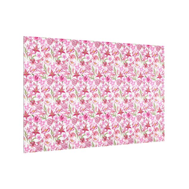 Spritzschutz Muster Pinke Blumen mit Schmetterlingen