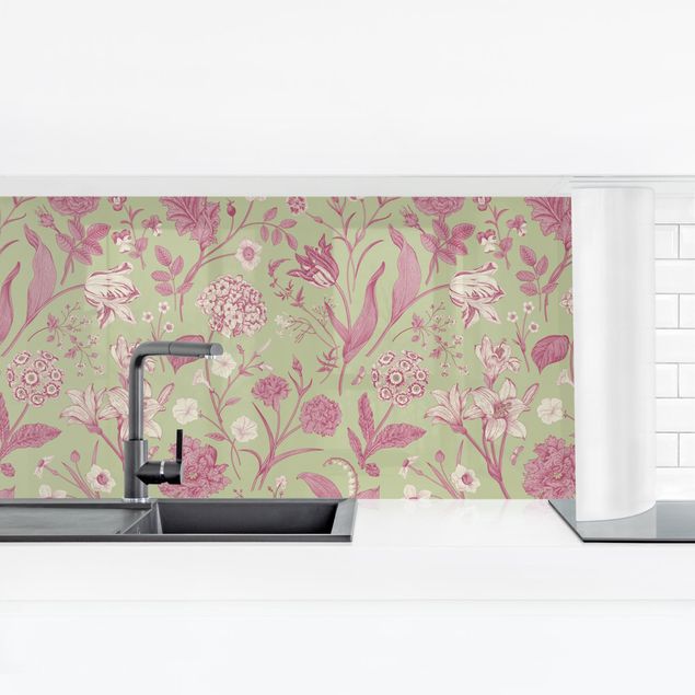 Spritzschutz Küche ohne bohren Blumentanz in Mint-Grün und Rosa Pastell
