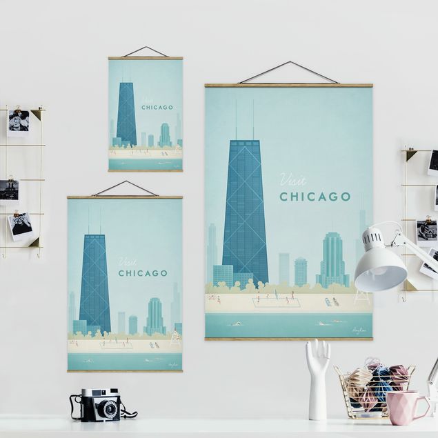 Stoffbild mit Posterleisten - Reiseposter - Chicago - Hochformat 2:3
