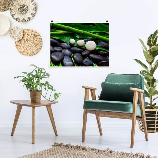 Blumen Poster Grüner Bambus mit Zen Steinen
