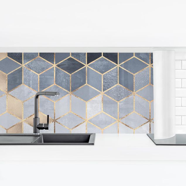 Küchenrückwand - Blau Weiß goldene Geometrie