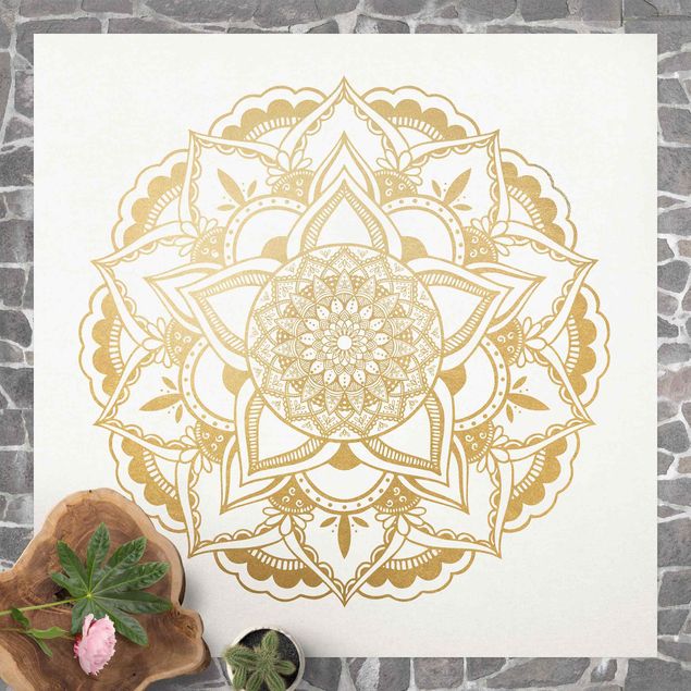 Teppich für Balkon Mandala Blume gold weiß