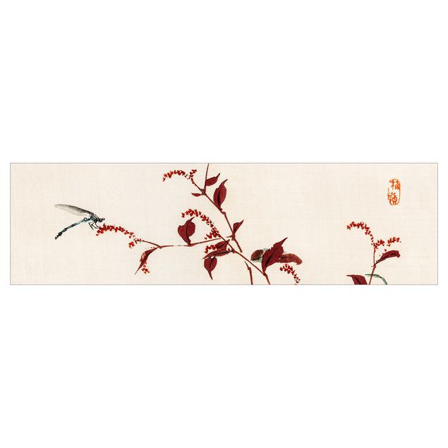 Küchenrückwand Motiv Asiatische Vintage Zeichnung Roter Zweig mit Libelle