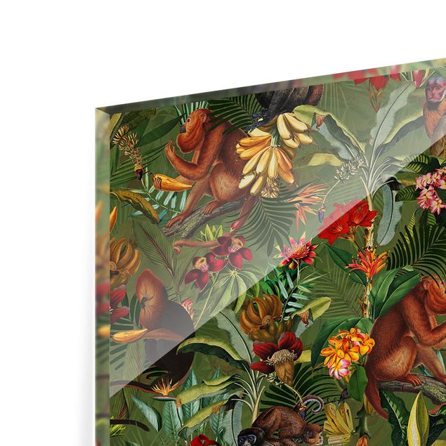 Spritzschutz Glas - Tropische Blumen mit Affen - Panorama