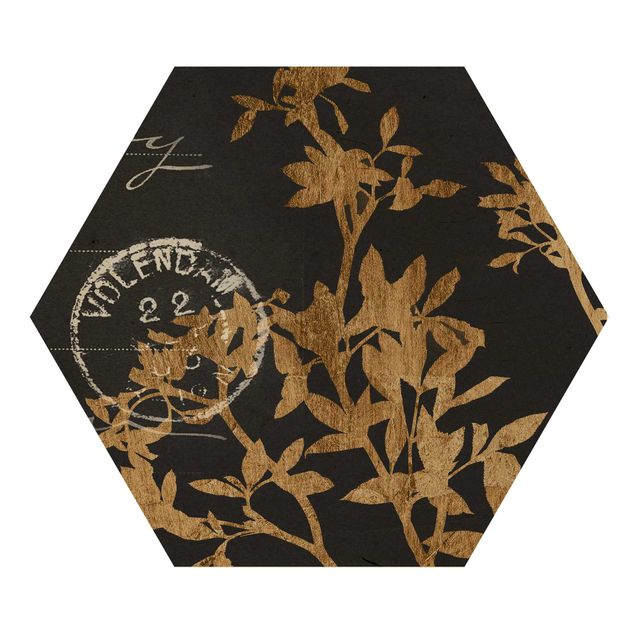 Hexagon Bild Holz - Goldene Blätter auf Mokka II