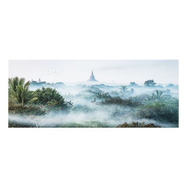 Spritzschutz Natur Morgennebel über dem Dschungel von Bagan