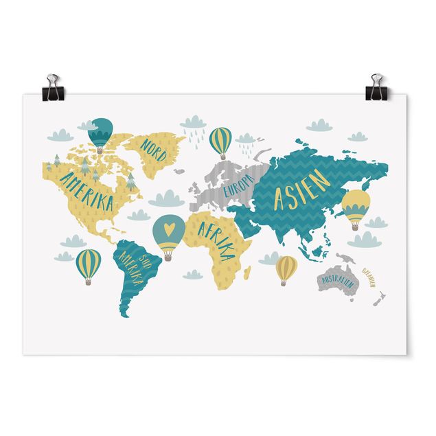 Poster - Weltkarte mit Heißluftballon - Querformat 2:3