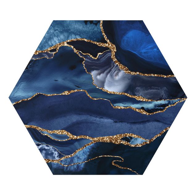 Hexagon Bild Alu-Dibond - Goldene Glitzer Wellen vor Blau