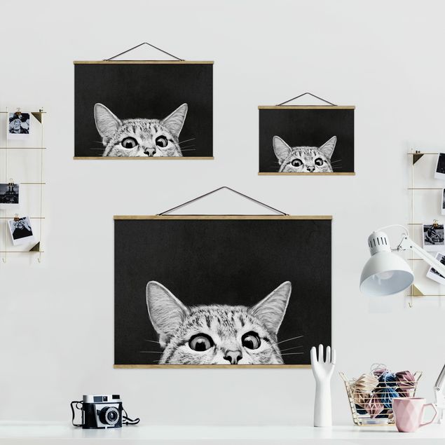 Stoffbild mit Posterleisten - Laura Graves - Illustration Katze Schwarz Weiß Zeichnung - Querformat 3:2