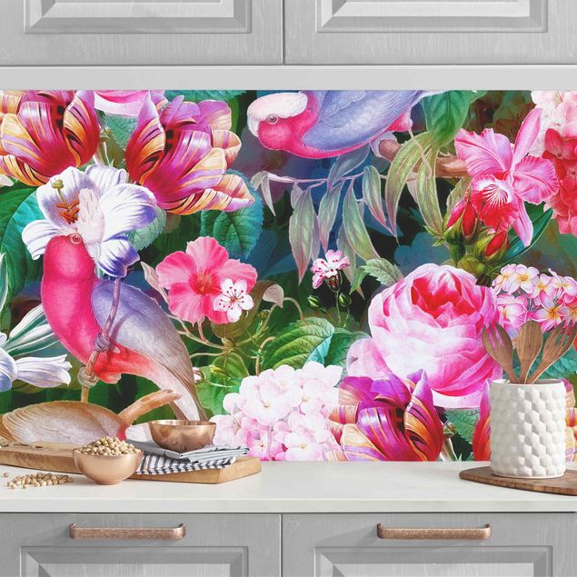 Platte Küchenrückwand Bunte Tropische Blumen mit Vögeln Pink II