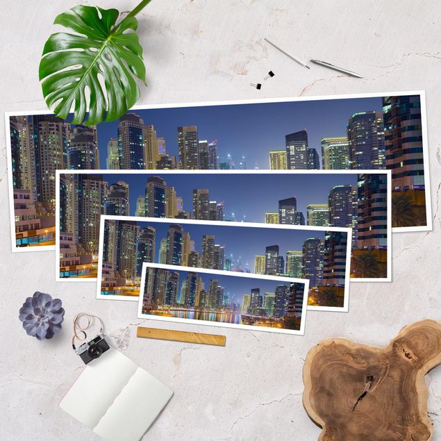 Poster - Dubai Nacht Skyline - Panorama Querformat
