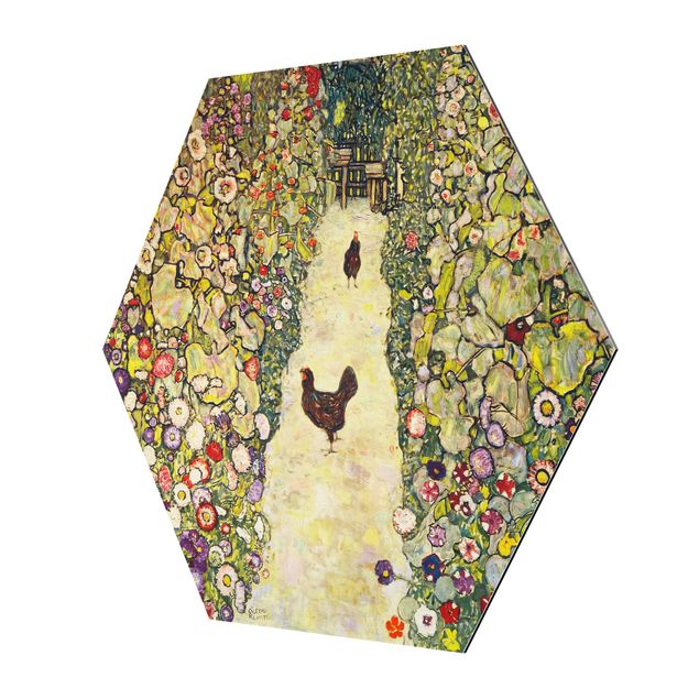 Hexagon Bild Alu-Dibond - Gustav Klimt - Gartenweg mit Hühnern
