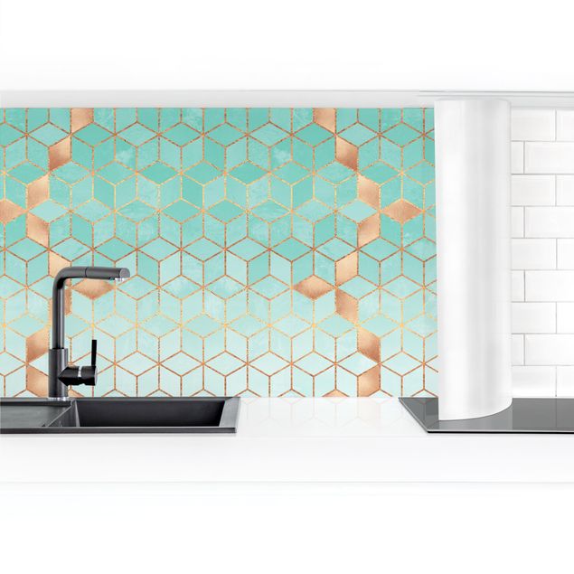 Küchenrückwand selbstklebend Türkis Weiß goldene Geometrie II