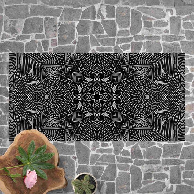 Outdoor Teppich Mandala Stern Muster silber schwarz
