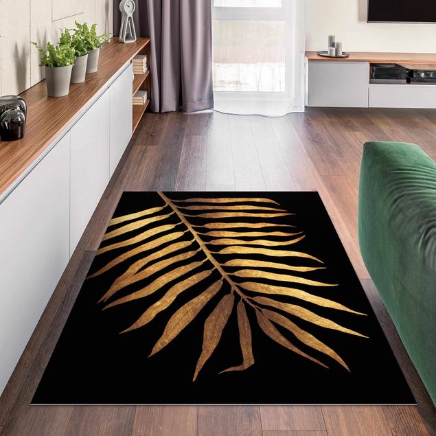 Teppich modern Gold - Palmenblatt II auf Schwarz