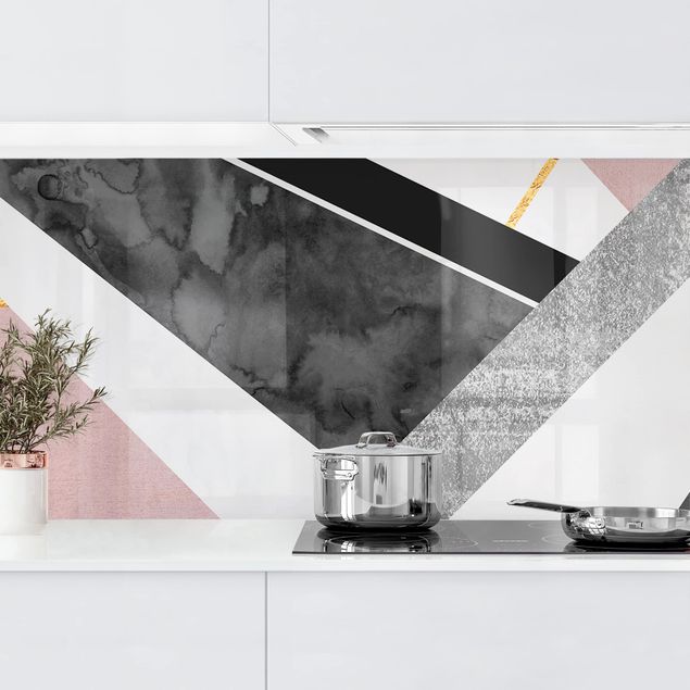 Platte Küchenrückwand Schwarz Weiß Geometrie mit Gold