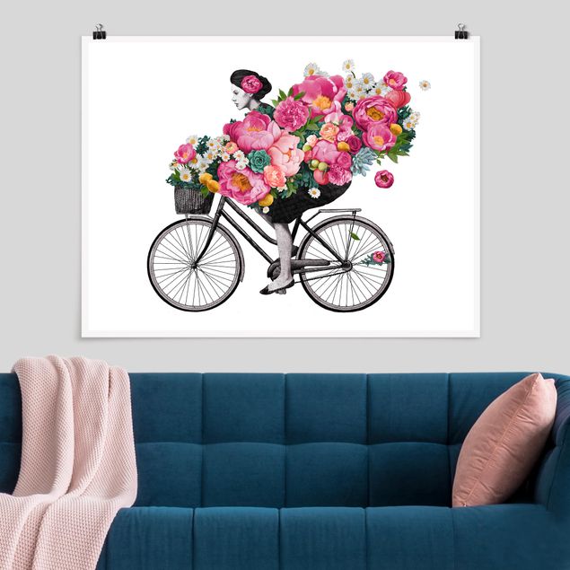 Poster - Illustration Frau auf Fahrrad Collage bunte Blumen - Querformat 3:4