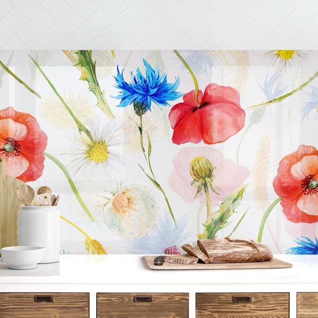 Platte Küchenrückwand Aquarellierte Feldblumen mit Mohn