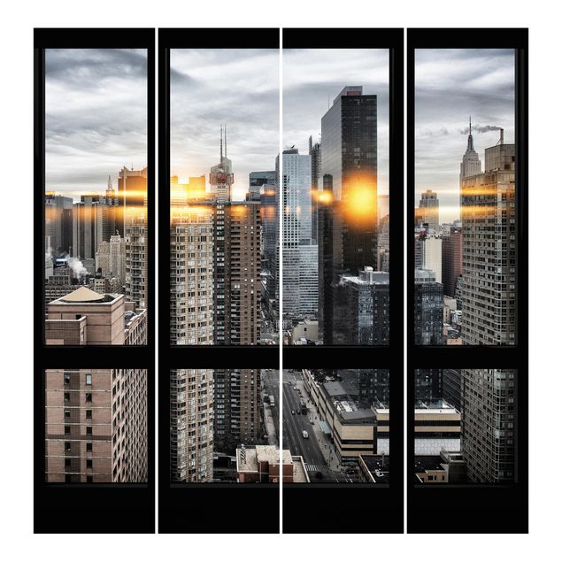 Schiebegardinen Set - Fensterblick New York mit Sonnen-Reflexion - Flächenvorhänge