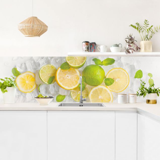 Küchenrückwand - Zitrusfrüchte auf Eiswürfel