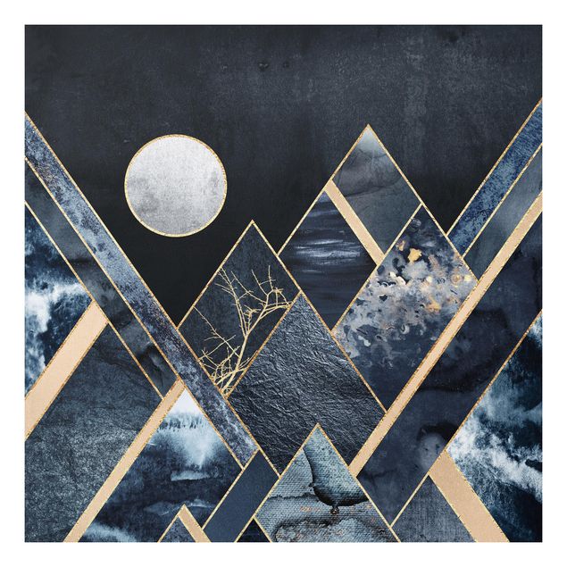 Forex Fine Art Print - Goldener Mond abstrakte schwarze Berge - Quadrat 1:1